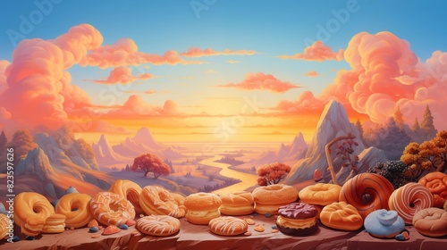 A picturesque mountain valley at sunset adorned with an assortment of pastries along a river path