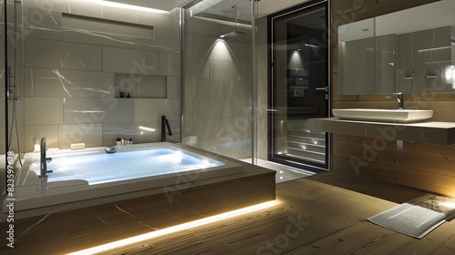 modern bathroom with a smart glass partition that switches from transparent to opaque  a freestanding tub  and a sleek integrated sink