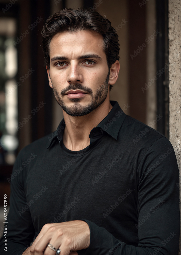A suave and handsome Spanish man looks effortlessly dapper in a sleek black long-sleeve t-shirt A suave and handsome Spanish man looks effortlessly dapper in a sleek black long-sleeve t-shirt
