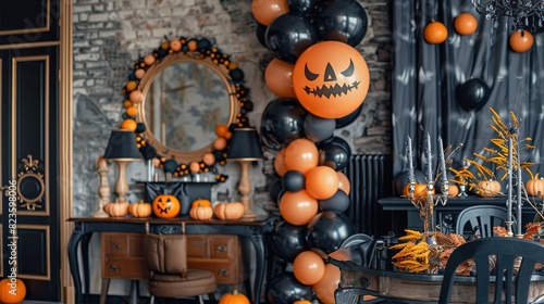 A room decorated for Halloween. There are black and orange balloons, bats, and pumpkins. photo
