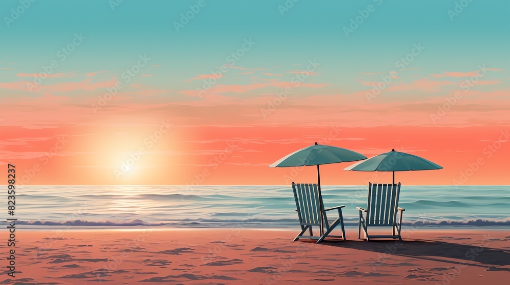 Two beach chairs on a sandy shore at sunrise with seagulls.