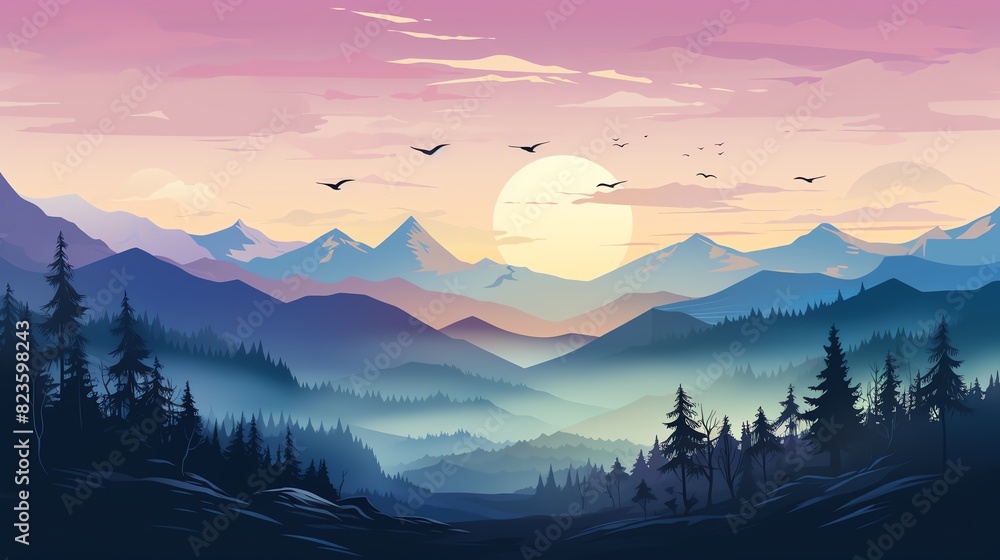Obraz premium Silhouette of mountains at sunrise with a soft, purple sky.