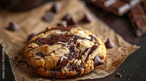 A close-up photo of a freshly baked chocolate chip cookie, oozing with melted chocolate 