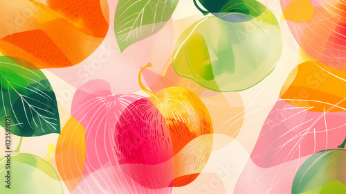 abstract background with drawings of bright juicy fruits, apple, red orange, leaves, citruses, lines, pastel shades, with space for text, copyspace