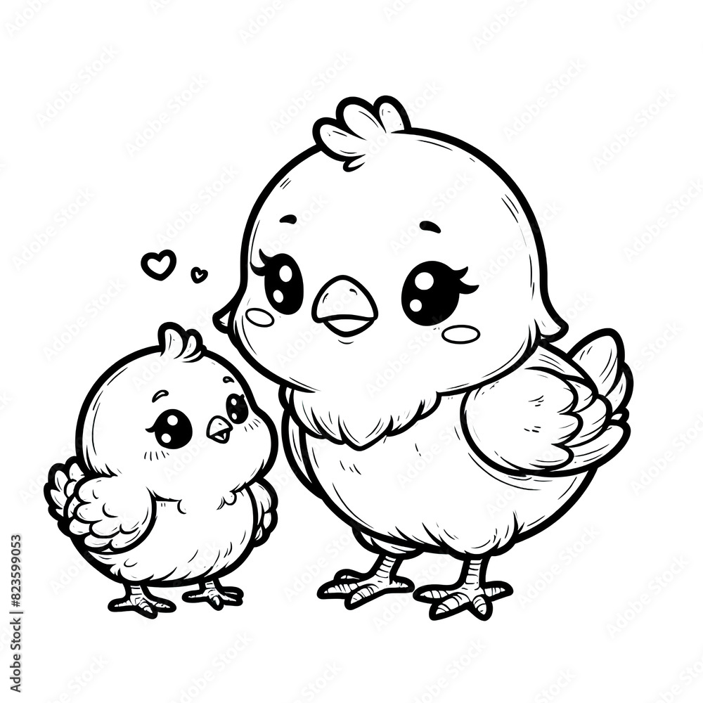 Cartoon of chicken and chick with simple lines for children to color in book pages. Drawing for vectorization Cartoon of chicken and chick with simple lines for children to color in book pages. Drawing for vectorization
