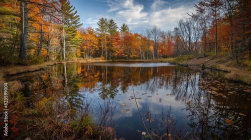 A serene pond surrounded by autumn trees.