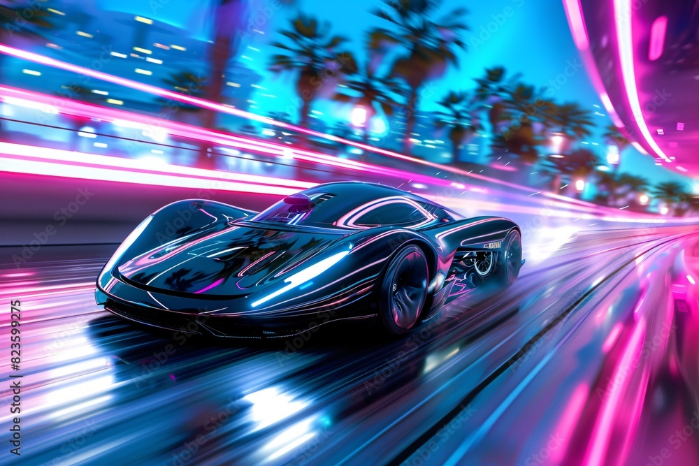 a black sports car on a road with pink and blue lights