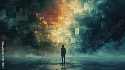An evocative image of a man standing alone, contemplating in a fog of shifting abstract colors, symbolizing introspection and creativity photo