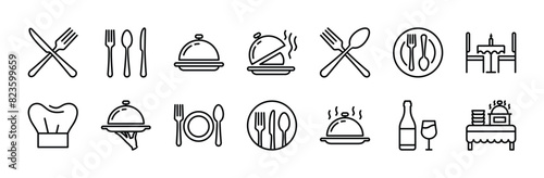 Catering thin line icon set. Containing fork, spoon, knife, plate, cloche, tray, chef hat, beverage, food, dining table, and waiter. Cutlery or tableware in restaurant. Vector illustration
