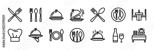 Obraz Catering thin line icon set. Containing fork, spoon, knife, plate, cloche, tray, chef hat, beverage, food, dining table, and waiter. Cutlery or tableware in restaurant. Vector illustration