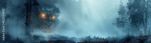 A mystical forest scene shrouded in fog with glowing eyes in the background creating an eerie and mysterious atmosphere.