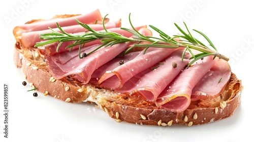 fresh ham in thing slices with fresh rosemary on a thin oval slice of bread with sesame seeds in the crust in white background