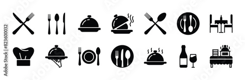 Catering icon set. Containing fork, spoon, knife, plate, cloche, tray, chef hat, beverage, food, dining table, and waiter. Cutlery or tableware in restaurant. Vector illustration