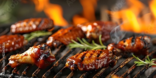 Chicken wings in BBQ sauce on grill with flames in background. Concept Grilled Chicken Wings, BBQ Sauce, Flames, Outdoor Cooking, Delicious Barbecue photo