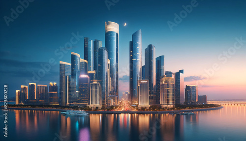 A stunning cityscape at twilight  featuring a variety of modern skyscrapers along the waterfront