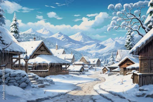 Captivating digital art of a serene snowy village nestled in alpine mountains during winter © juliars