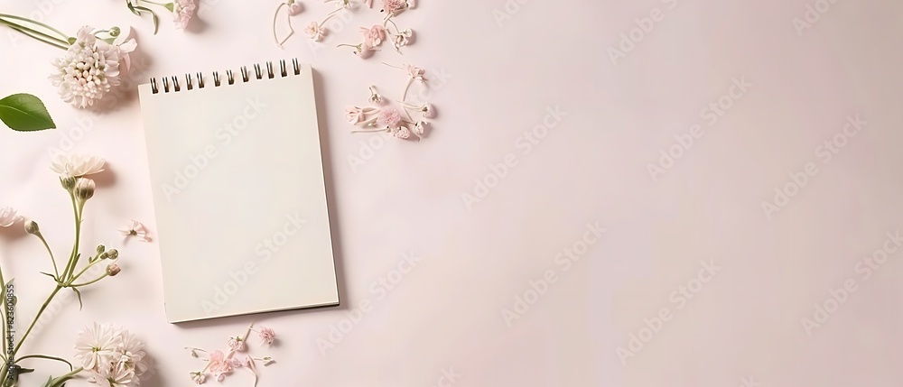 A top view of a single note book with flowers and bookmarks on a plain clean backdrop with a big space for text or product advertisement, Generative AI.