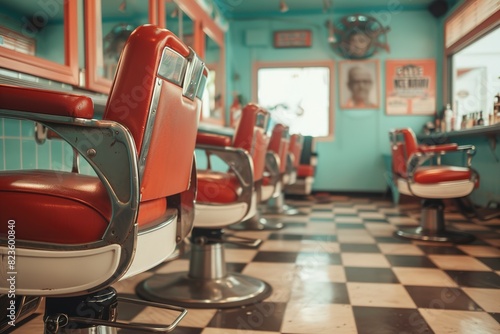 Horizontal shot of empty chairs in retro styled barbers © Jorge Ferreiro