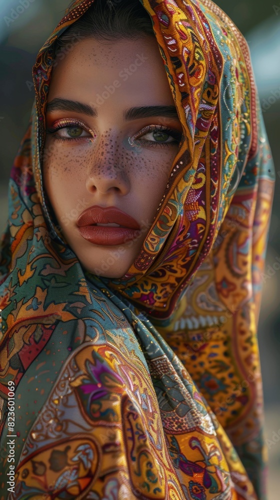 A close-up portrait of a woman wearing a richly patterned headscarf. The headscarf is adorned with intricate designs in vibrant colors, including gold, green, red, and purple. A close-up portrait of a woman wearing a richly patterned headscarf. The headscarf is adorned with intricate designs in vibrant colors, including gold, green, red, and purple.