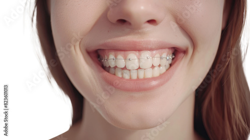 Beautiful smile and white teeth of a young woman with braces on a white background