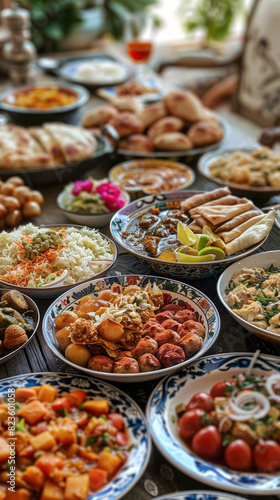 Vibrant Eid Feast Close-up., Eid feast, Islamic celebration, Family feast.
