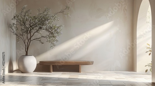 Sunlight illuminates serene space with natural beauty and architectural grace