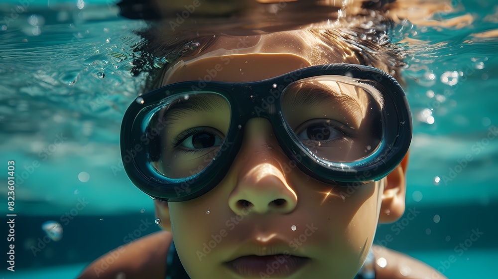 **A young boy wearing a snorkel mask, swimming underwater in a swimming pool