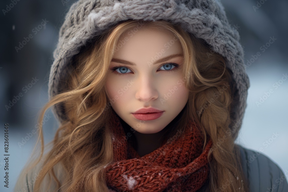 Portrait of a beautiful young woman with blue eyes wearing warm winter attire against snowy background Portrait of a beautiful young woman with blue eyes wearing warm winter attire against snowy background