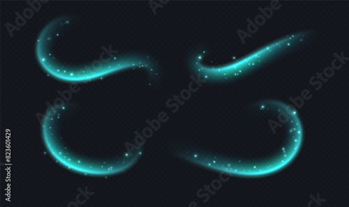 Teal speed lines, light in motion, glowing light trails with sparkles. Bright motion effect, luminescent swirls. Vector decoration.