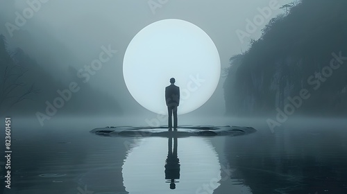 Solitary Silhouette Reflecting on the Misty Lake's Tranquil Surface