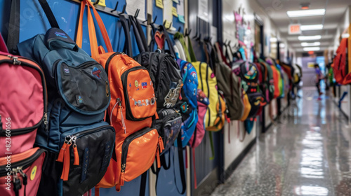 Colorful Backpacks Hanging in School Hallway
