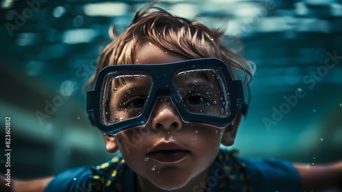 **A young boy wearing a snorkel mask, swimming underwater in a swimming pool