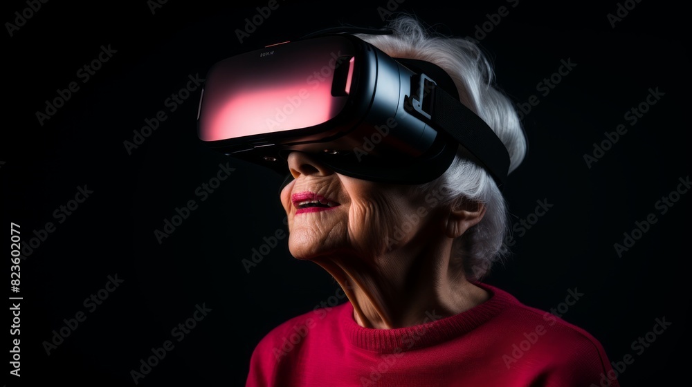 old Lady in vr set, isolated dark background, stock photo, many space for text old Lady in vr set, isolated dark background, stock photo, many space for text