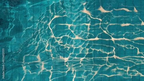 abstract turquoise water background of swimming pool with waves and light reflection