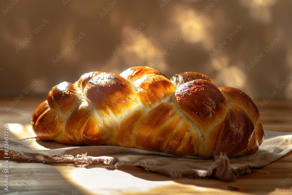 Traditional Jewish Shabbat Challah bread on a towel on a beautiful background with space for text or inscriptions
