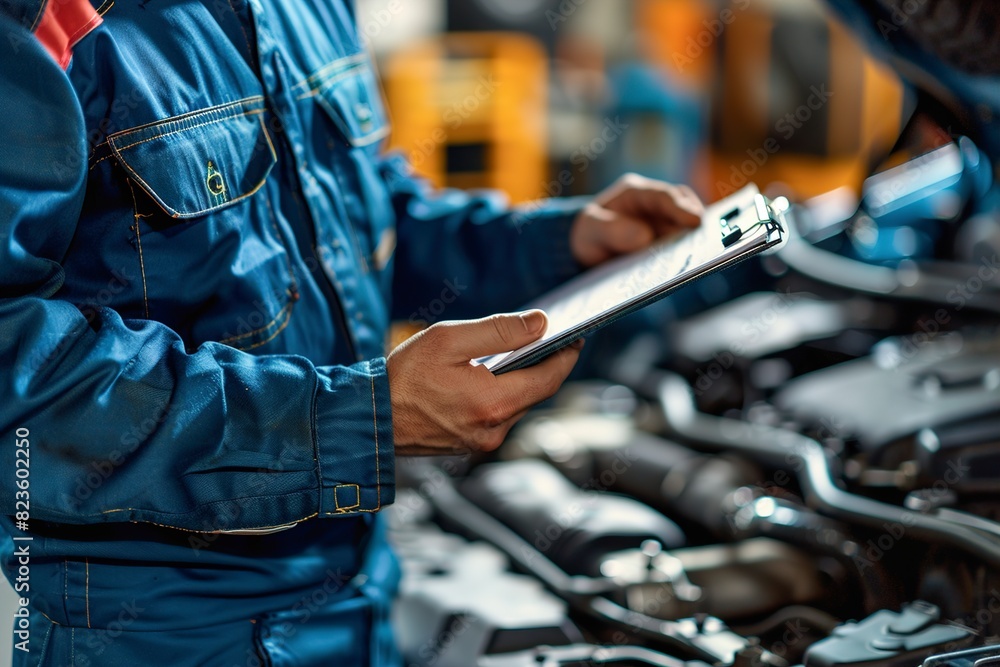 Mechanics with clipboard working in auto repair shop Mechanics with clipboard working in auto repair shop
