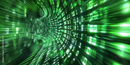 Digital background featuring green binary code with blurred speed lines in the foreground, creating an atmosphere of technology and data transfer.,