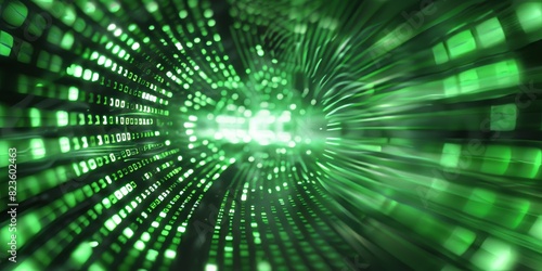 Digital background featuring green binary code with blurred speed lines in the foreground, creating an atmosphere of technology and data transfer.,