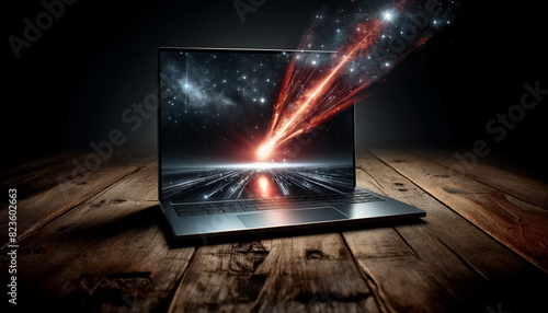 Celestial Blaze: Fiery Comet Launching from Futuristic Laptop