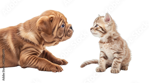 Bordeaux puppy plays with Persian kitten. Isolated. On a white background.