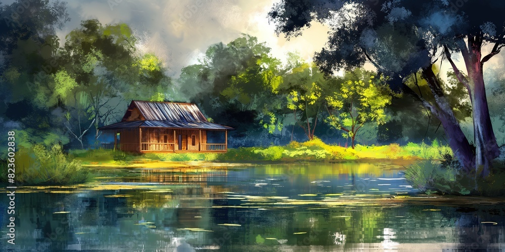 Obraz premium oil painting illustration of rural countryside of Southeast Asian , wooden cabin house at riverside, greenery landscape