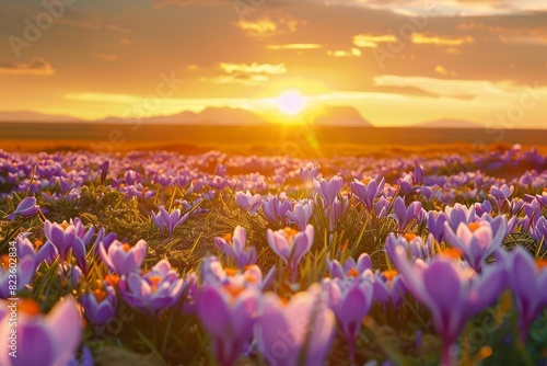 Long shot photograph of a vibrant saffron field, the purple crocus flowers in full bloom, a golden sunrise casting warm light, photorealistic, capturing fine details and rich colors