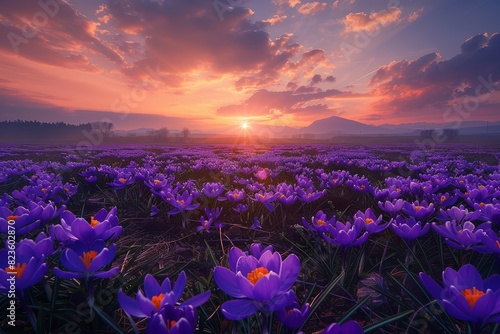 Long shot photograph of a vibrant saffron field, the purple crocus flowers in full bloom, a golden sunrise casting warm light, photorealistic, capturing fine details and rich colors photo