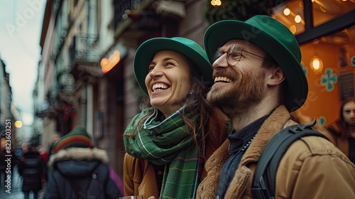 a happy couple in green hats on the street celebrating st patrick's day with a glass of beer whith soft studio lighting.