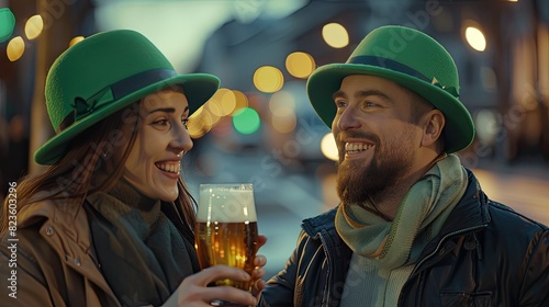 a happy couple in green hats on the street celebrating st patrick's day with a glass of beer whith soft studio lighting.