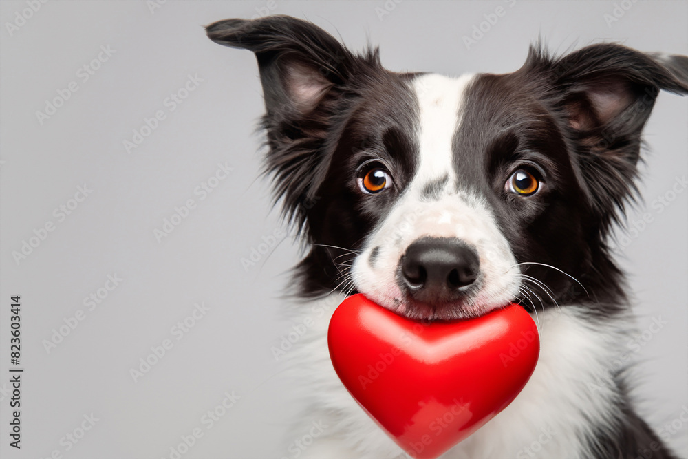 Ein Hund hält ein rotes Herz in der Schnauze, copy space