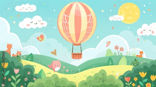 Joyful Doodle Hot Air Balloon Adventure Above Rolling Hills with Smiling Animals Below