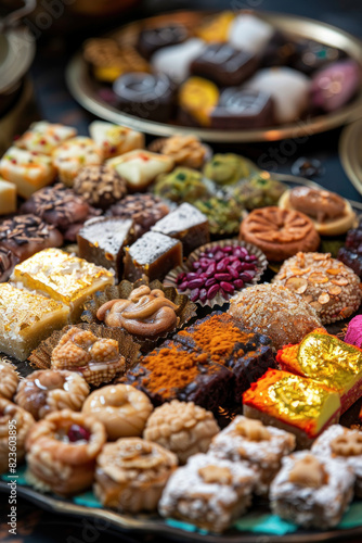 Traditional Eid Sweets Presentation., Eid feast, Islamic celebration, Family feast.