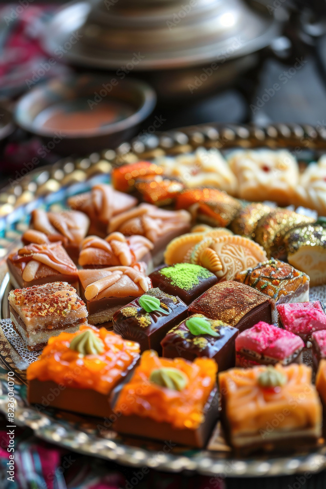 Traditional Eid Sweets Platter Close-Up, Eid feast, Islamic celebration, Family feast. Traditional Eid Sweets Platter Close-Up, Eid feast, Islamic celebration, Family feast.