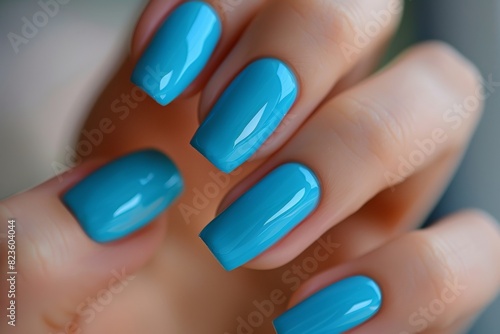 Hand Model With Long Nails Painted With A Light Blue Nail Polish Clean Background Nail Salon